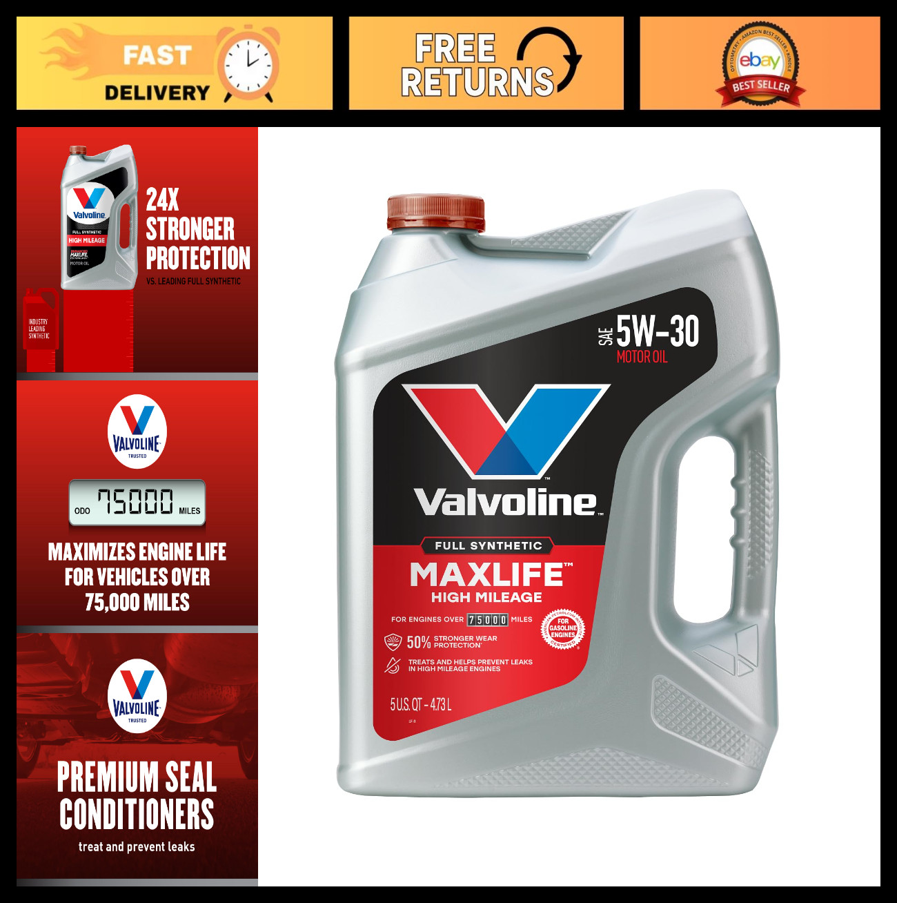 High Mileage Full Synthetic Motor Oil 5W-30 – 5 Quart for Cars & Trucks