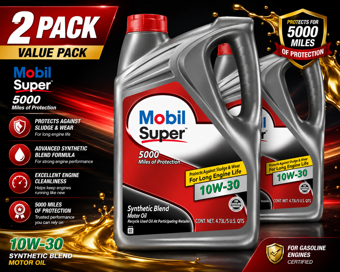 Mobil Super 10W-30; Mobil Super; Synthetic Blend; SAE 10W-30; 5 Quart 2 PACK