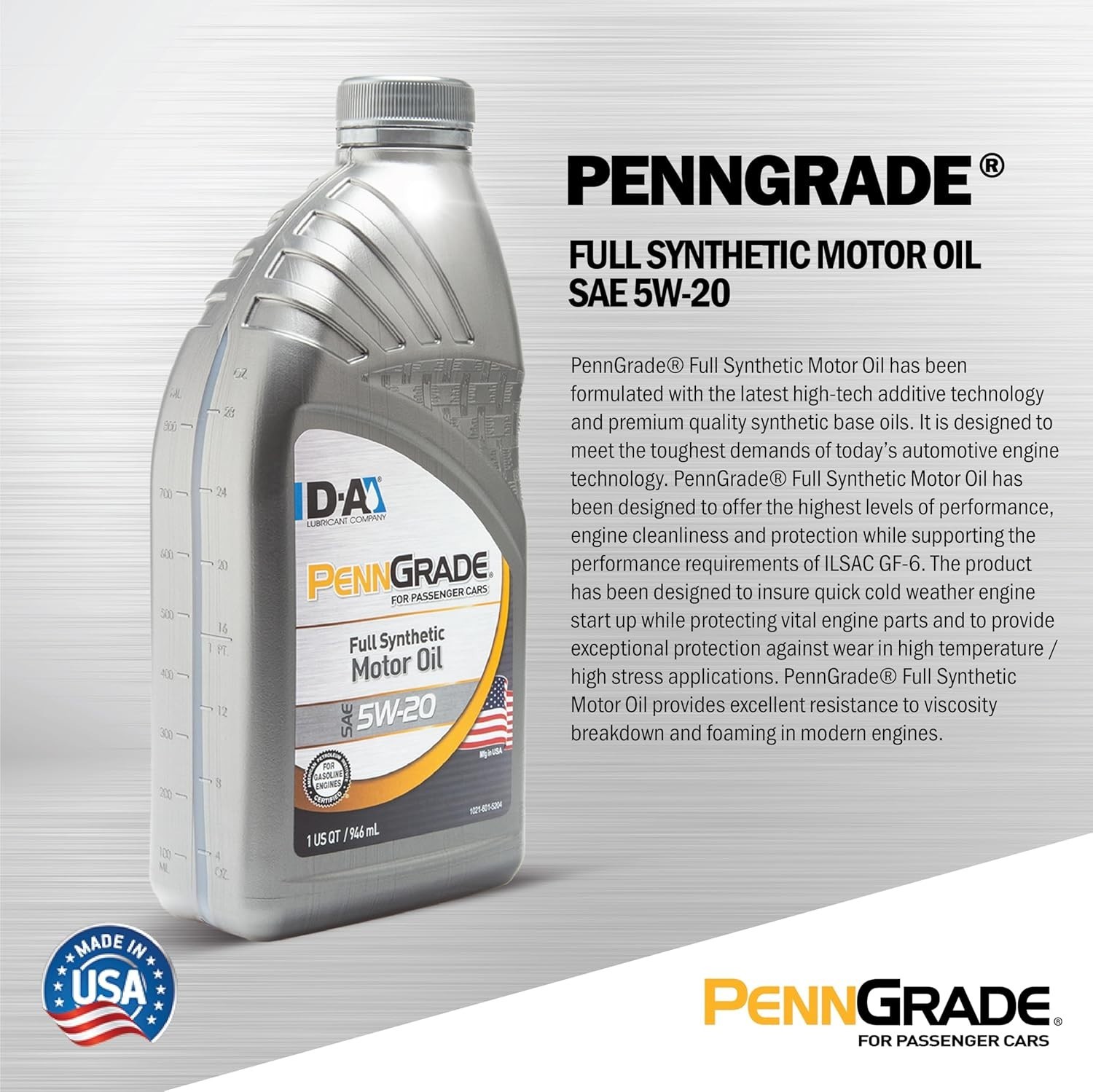 PENN GRADE 1 | 62825 | Full Synthetic Motor Oil SAE 5W-20 | 6 Gallon