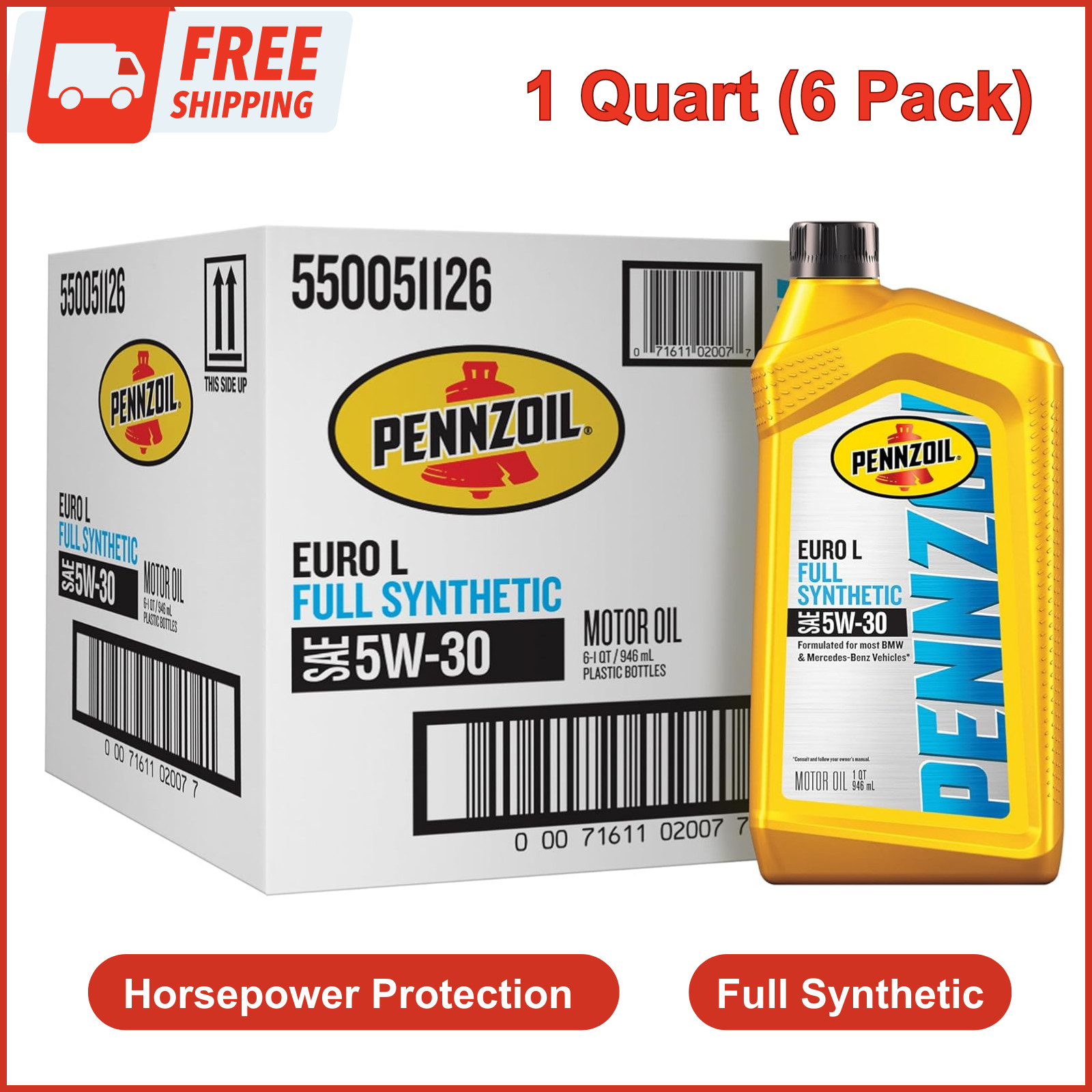 Pennzoil 550051126 Motor Oil, Euro L 5W-30, Full Synthetic, 1 Quart (6 Pack)