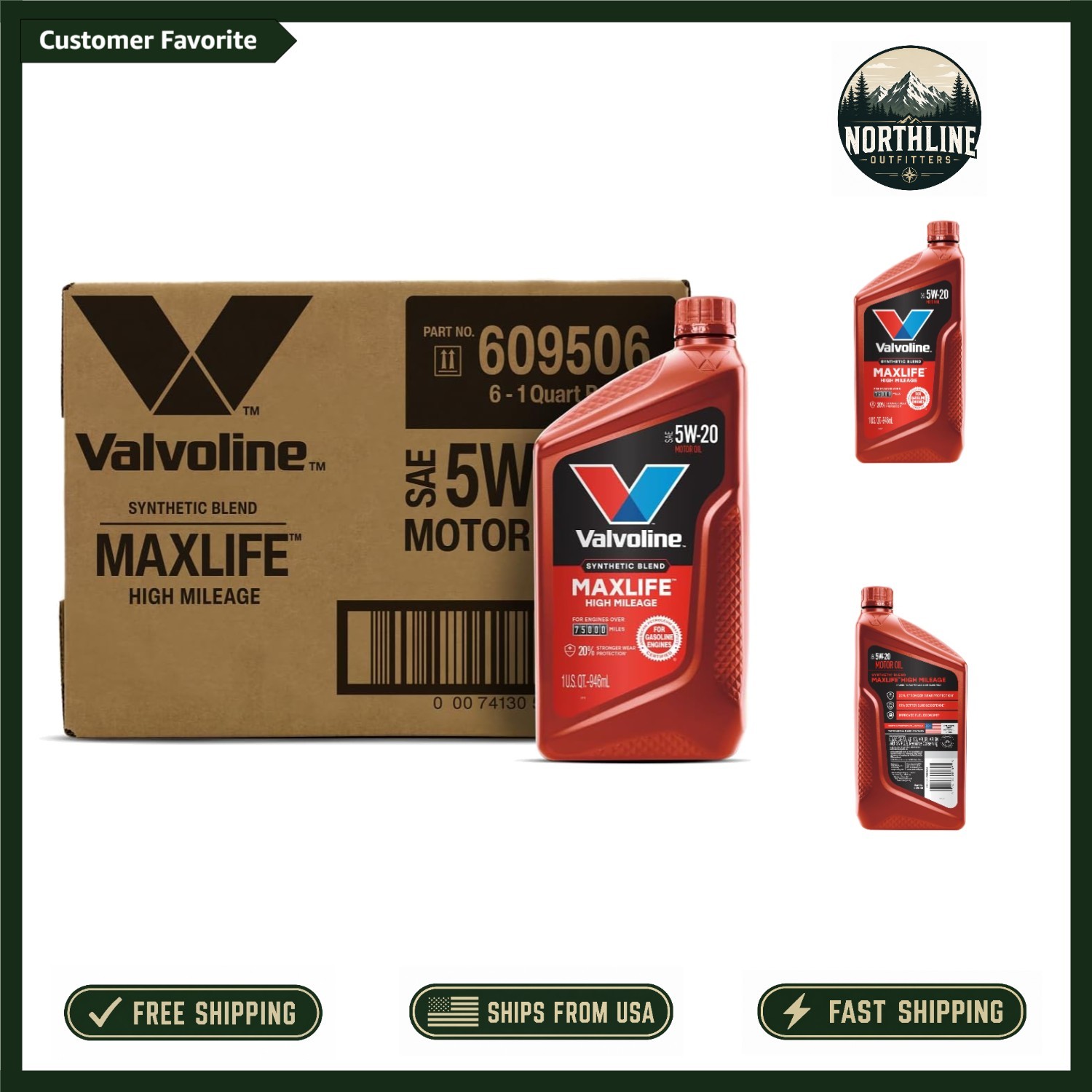 5W-20 Synthetic Motor Oil for High Mileage Cars – 1 Quart x 6 Bottles