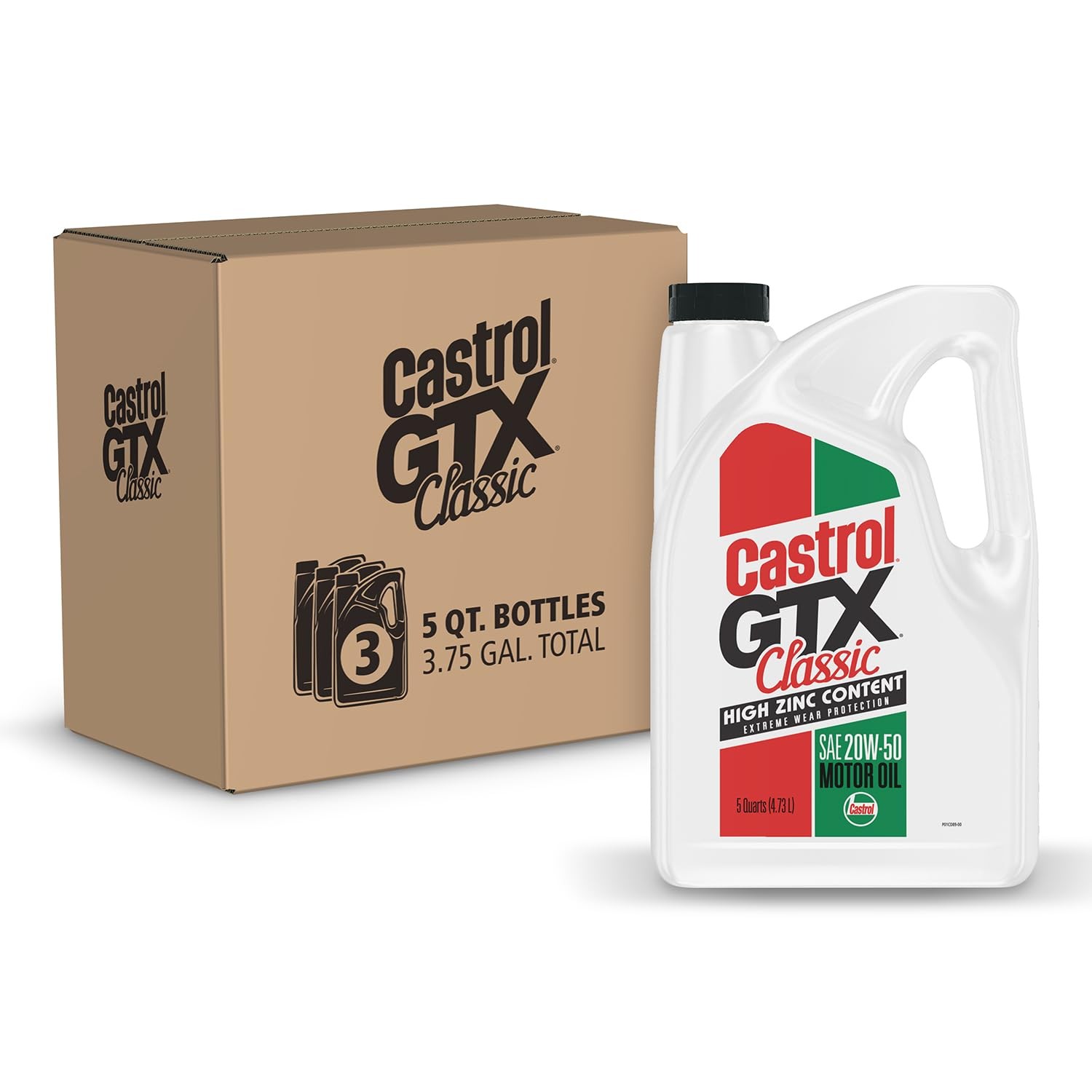 Castrol GTX Classic 20W-50 Conventional Motor Oil, 5 Quarts, Pack of 3, Amber