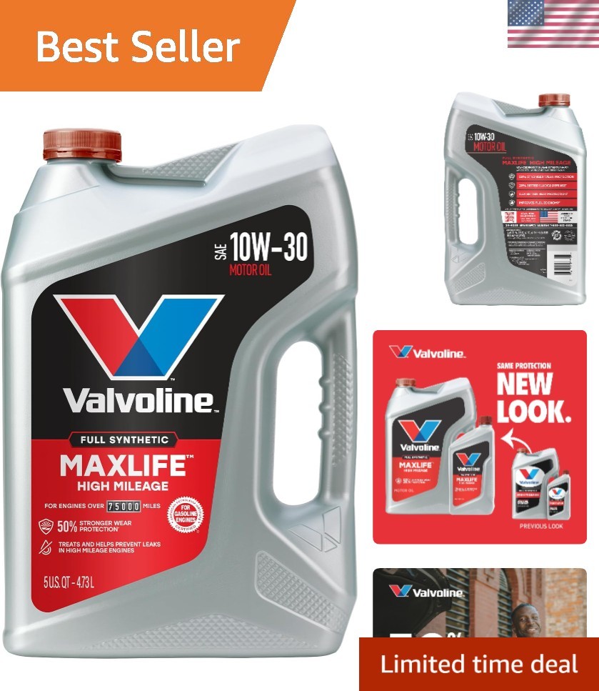 MaxLife High Mileage Full Synthetic 10W-30 Motor Oil, 5 Quart for Optimal Eng…