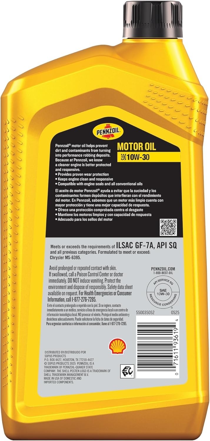 1 Quart of Pennzoil 10W-30 Motor Oil for Long-Lasting Engine Protection