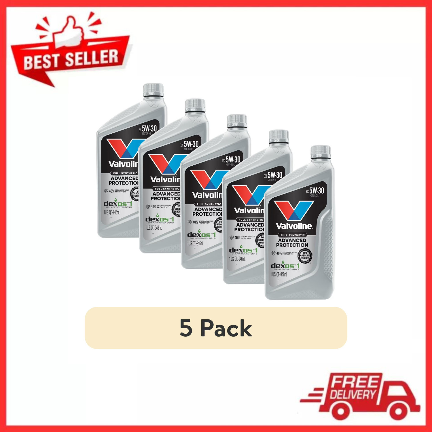 (5 pack) Valvoline Advanced Protection 5W-30 Full Synthetic Motor Oil 1 QT