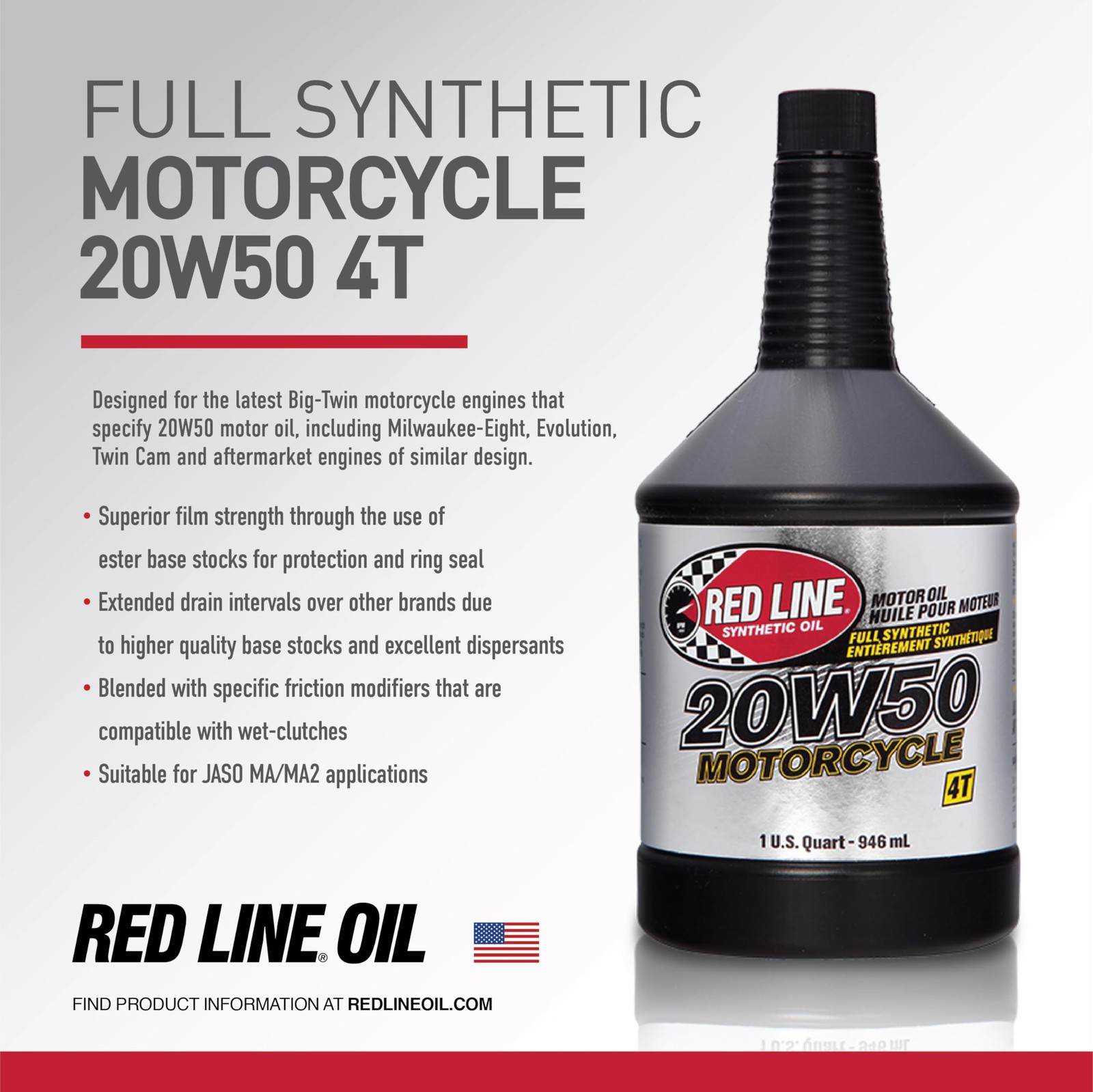 Red Line 20W50 Synthetic Motorcycle Oil – High-Performance Quart