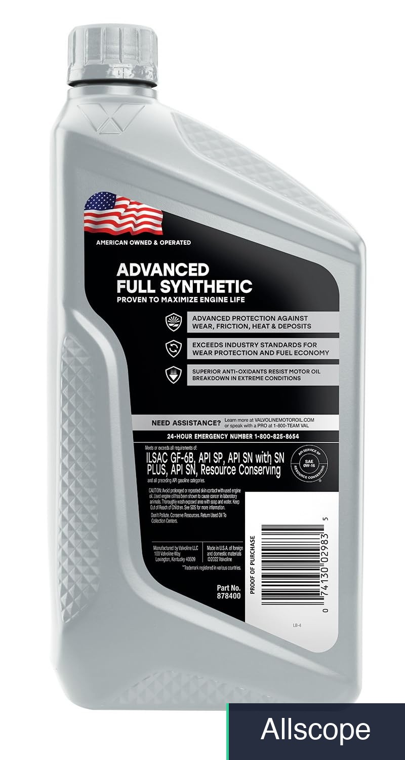 Valvoline Advanced Full Synthetic SAE 0W-16 Motor Oil 1 QT (Pack of 2)