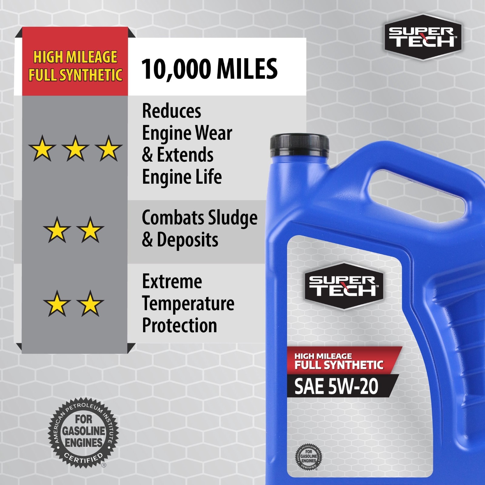 (2 pack) Super Tech High Mileage Full Synthetic SAE 5W-20 Motor Oil, 5 Quarts