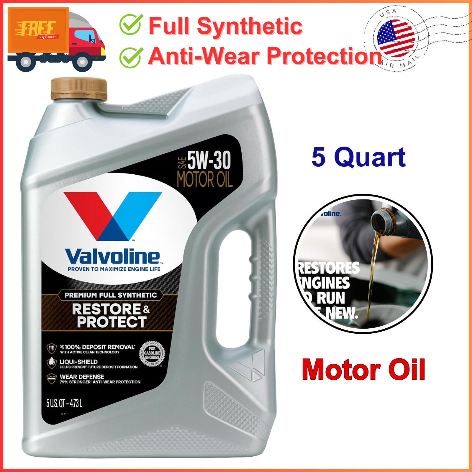 Valvoline Restore & Protect Full Synthetic 5W-30 Motor Oil 5 Quart, Anti-Wear