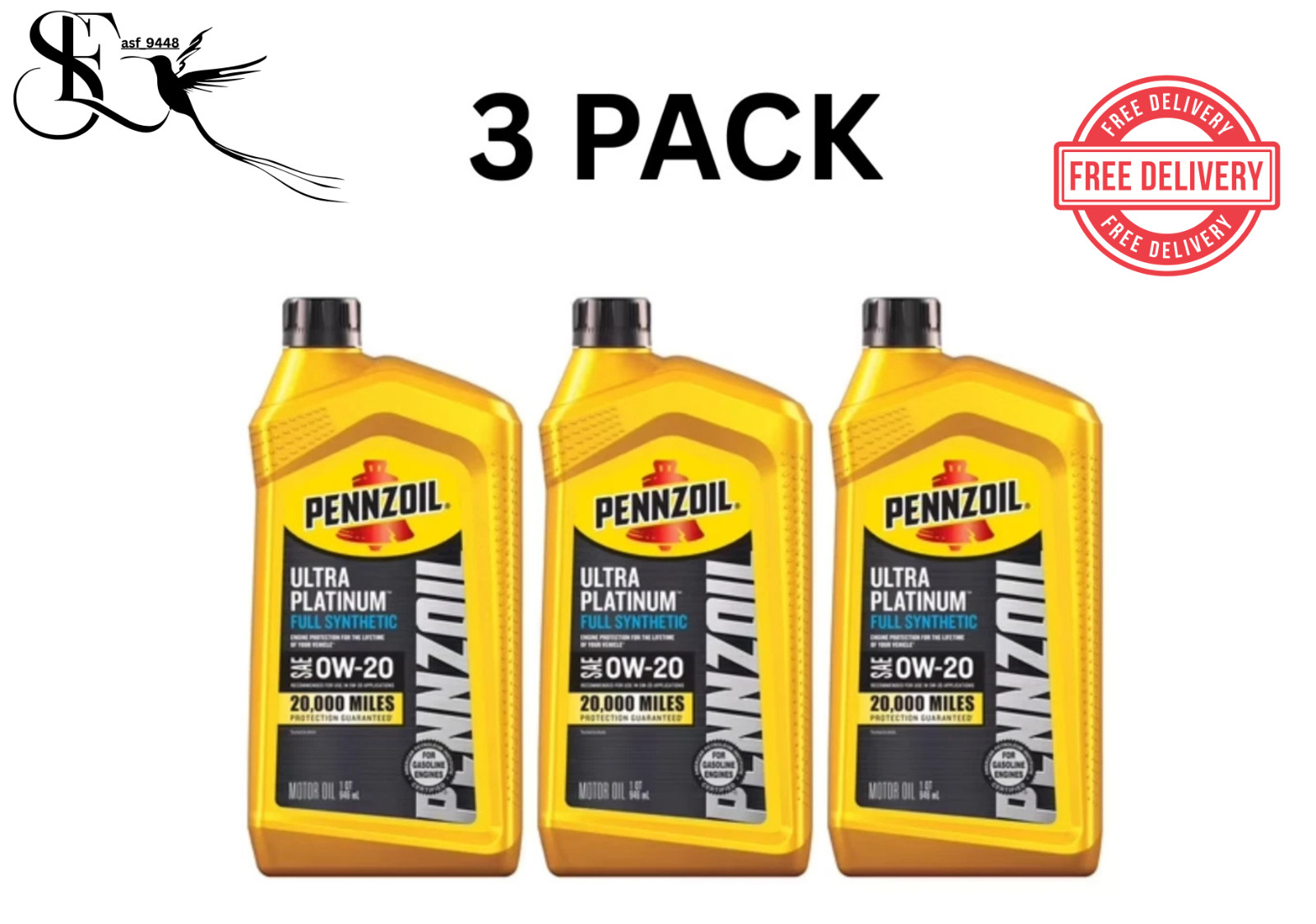 3 Pack Pennzoil Ultra Platinum Full Synthetic 0W-20 Motor Oil 1 Qt